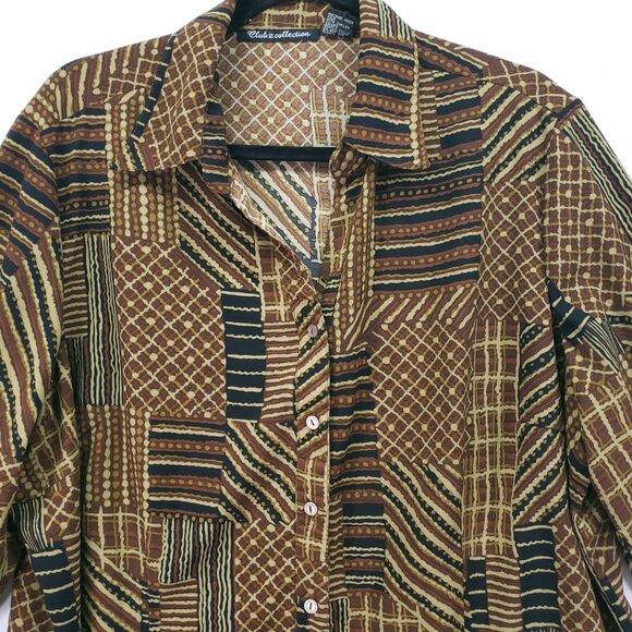 Club Z Collection Brown Geometric Fun Pattern Collar Button Down Blouse Size 1X - Picture 2 of 14